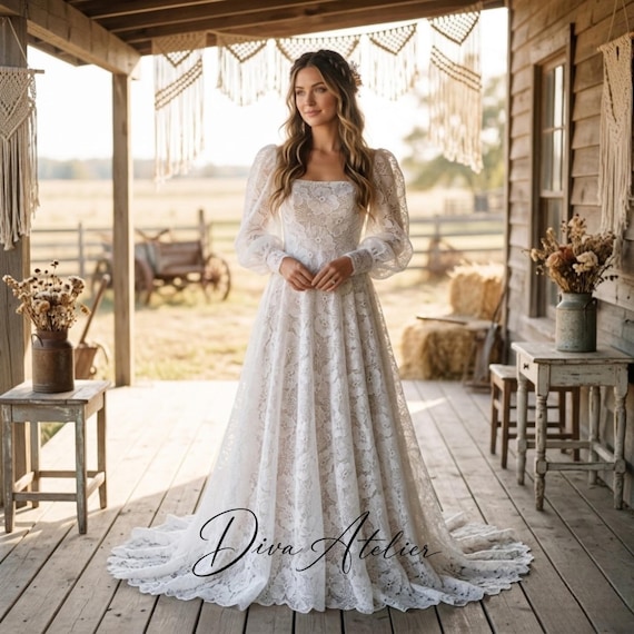 Boho A-Line Wedding Dress, Vintage Lace Bridal Gown, Square Neck Lantern Sleeves