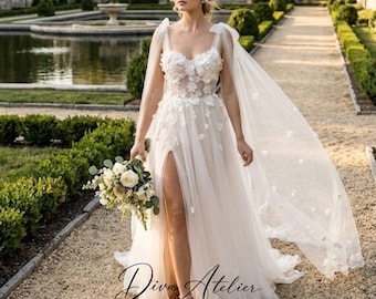 Boho Wedding Dress, Fairy 3D Flowers Corset Tulle A-Line Bridal Gown with High-Slit Skirt, Ribbon Straps, Sweetheart Neck
