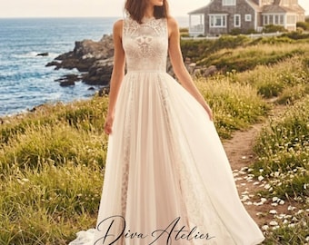 Chiffon Wedding Dress, Chiffon Modest Sleeveless Beach Lace A-Line Bride Dress, Romantic Sweep Train