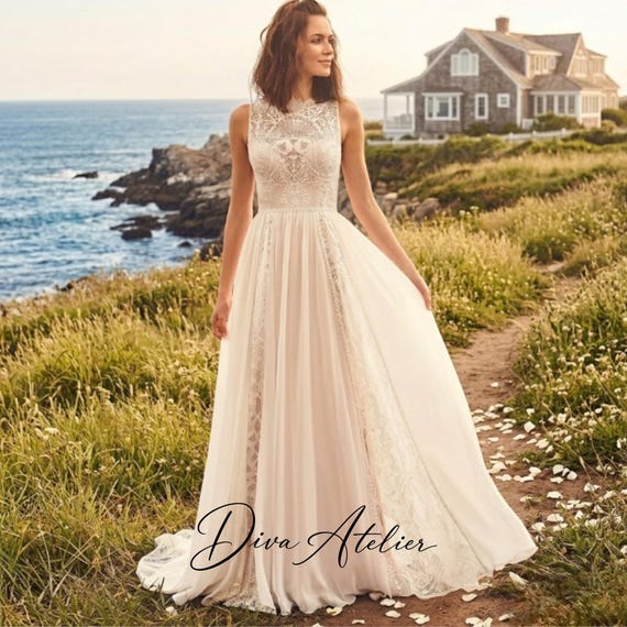 Chiffon Lace A-line Wedding Dress, Sleeveless Modest Beach Bridal Gown, Romantic Sweep Train