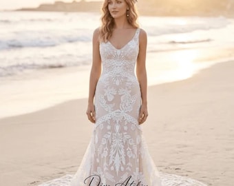 Boho Lace Mermaid Wedding Dress, V Neck Bridal Gown, Sleeveless Wedding Dress, Fitted Lace Wedding Gown, Romantic Bohemian Bridal Dress