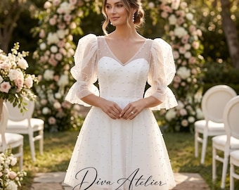 Abito da sposa corto, mini abito da sposa con perle e maniche a sbuffo, abito moderno per ricevimento e cerimonia intima.