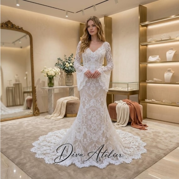 Boho Lace Mermaid Wedding Dress, Flared Long-sleeve Backless Mermaid Bridal Gown, Court Train