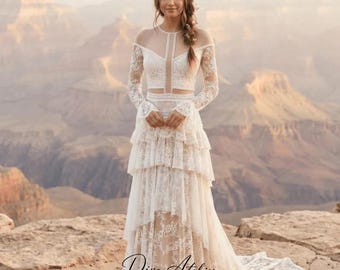 Vestido de novia bohemio de encaje, vestido de novia romántico de corte A, tul de manga larga estilo bohemio