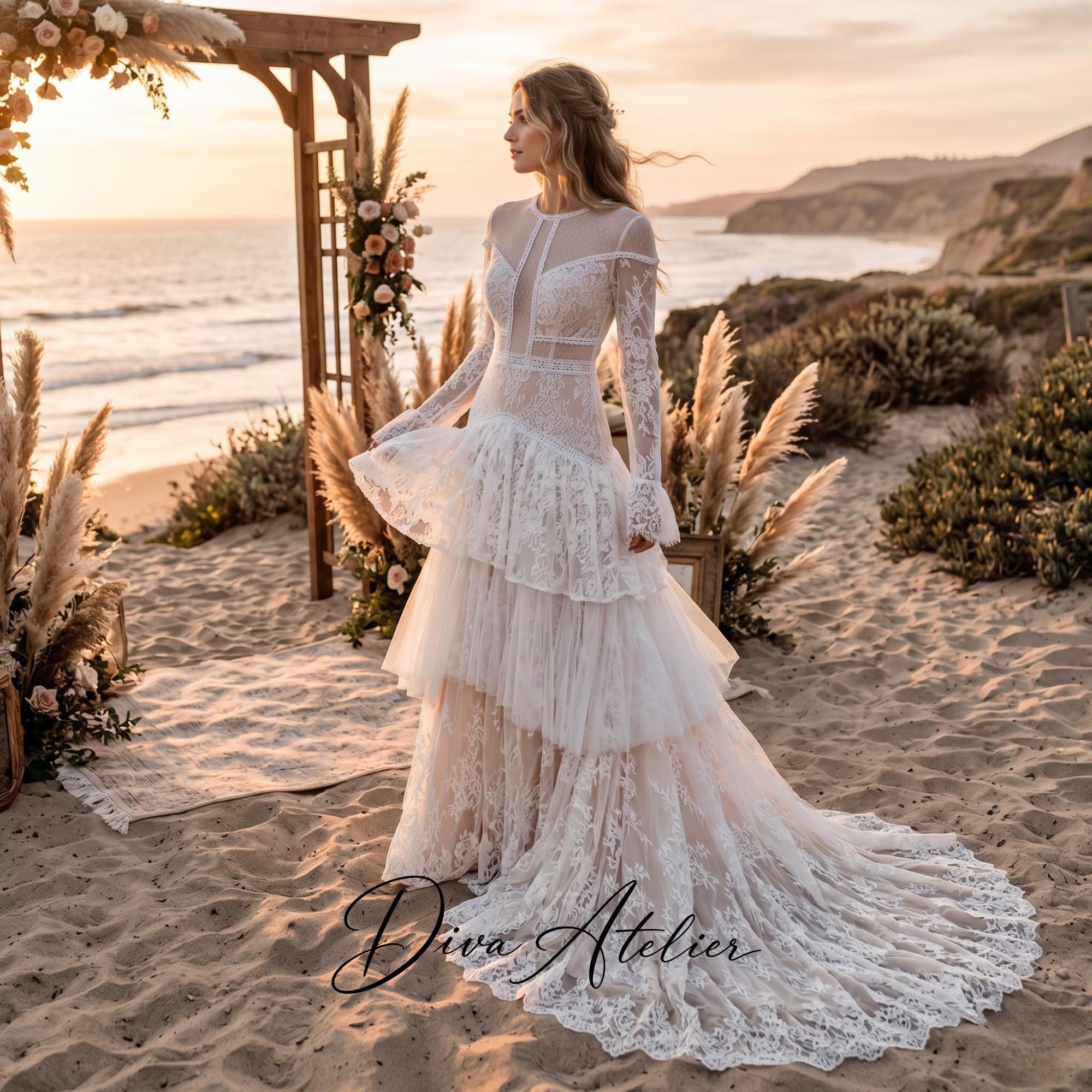 a line bohemian wedding dress Lace Dress, Romantic A-Line Bridal Gown, Long Sleeves Tulle Boho Style Noreen Backless Mini Dress nude blend Size:12 US (44 EU) motelrocks
