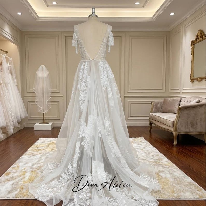 Boho Embroidered Tulle Wedding Gown, Deep V-neck Backless A-line Bridal Boho Embroidered Tulle Wedding Gown, Deep V-neck Backless A-line Bridal