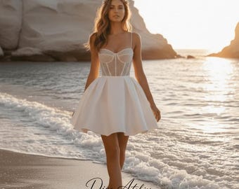 Abito da sposa corto in raso aderente con perline, abito da sposa corto con tasche, abito da sposa elegante senza maniche, abito da festa a trapezio