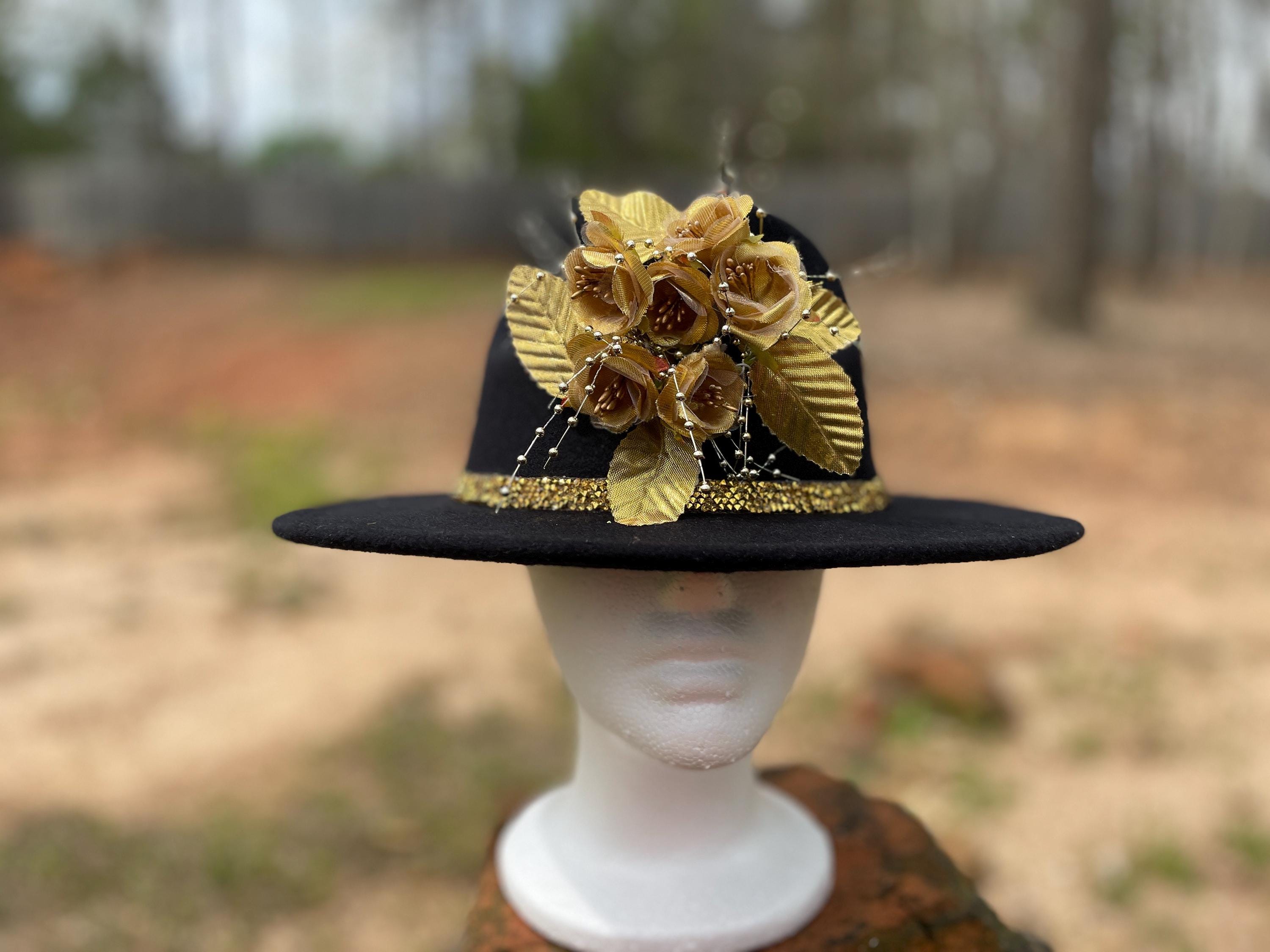 The Hat Girls Black Wide-Brim Hat with Yellow Floral & Feather Accents THG2846 Kentucky Derby Hat, Yellow With Black Hat, Widebrim Hat, Tea  main image 2