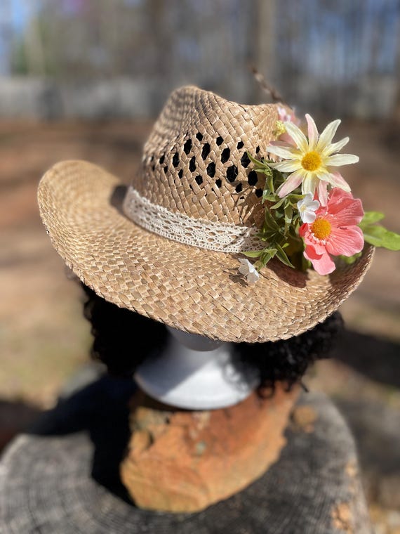 Floral Straw Cowgirl Hat – Handmade Daisy & Wildflower  display picture 1