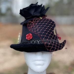 Steampunk Victorian Black Rose Top Hat – Handmade with Red Lace, Antique Charm & Gothic Elegance