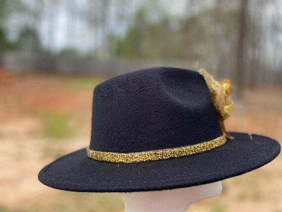 The Hat Girls Black Wide-Brim Hat with Yellow Floral & Feather Accents THG2846 Kentucky Derby Hat, Yellow With Black Hat, Widebrim Hat, Tea  main image 4