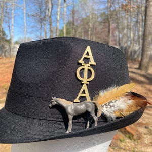 May include: A black fedora hat with a gold AΦA pin, a small brown horse figurine, and a brown and white feather.