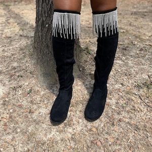 Botas Glam de gamuza con flecos / Negras hasta el muslo con borlas de diamantes de imitación