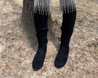 Glam Suede Fringe Boots | Black Thigh-High with Rhinestone Tassels