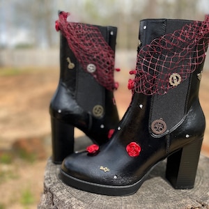 Gothic Romance Red Rose Boots | Handmade Steampunk-Inspired Heels with Vintage Charms, Rhinestones & Lace Details