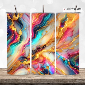 Rainbow Tumbler Wrap Marble Neon Colors and Gold Glitter 20oz Tumbler Sublimation Design PNG, Alcohol Ink Tumbler PNG File