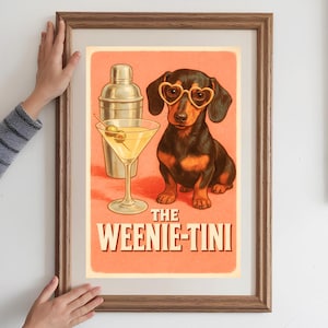 Grappige teckel kunst, retro esthetische hond bar kar Art Print, vuile martini kunst aan de muur, hond cocktail, Weenie-Tini, afdrukbare digitale download