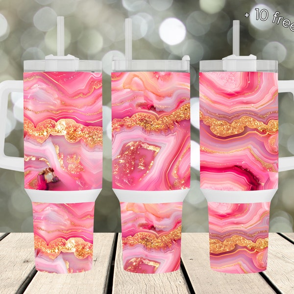 40oz Pink Agate Tumbler Wrap, Marbled PNG Sublimation, Hot Pink Girly Sublimate Design for Quencher with Handle, Shimmer Glitter Jewel Print