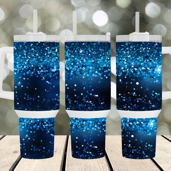 40oz Blue Glitter Tumbler Wrap, Navy PNG Print Sublimatie, Sparkly Sublimate Template Quencher met handvat, Shimmer Sparkle Jewel Design