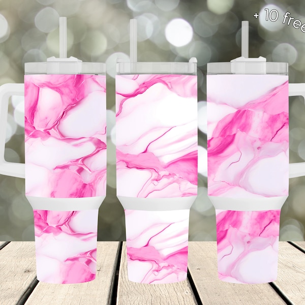 40oz Tumbler Wrap Pink, Hot Pink Marbled PNG Sublimation Designs for Quencher with Handle, Girly Jewel Print, Agate Waterslide Sublimate PNG