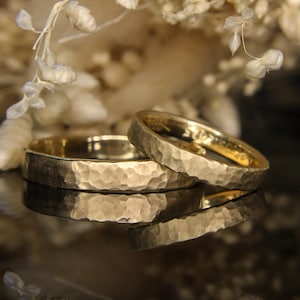 Handmade 14K Yellow Gold Hammered Wedding Bands | Custom Textured Gold Rings | Minimalist His and Hers Matching Bands