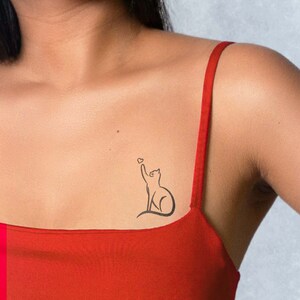 Langdurige tijdelijke tattoo Minimalistische kat Vrouw tattoo Semi-permanente tatoeage JaguaHenna Cadeau-idee voor dames afbeelding 1