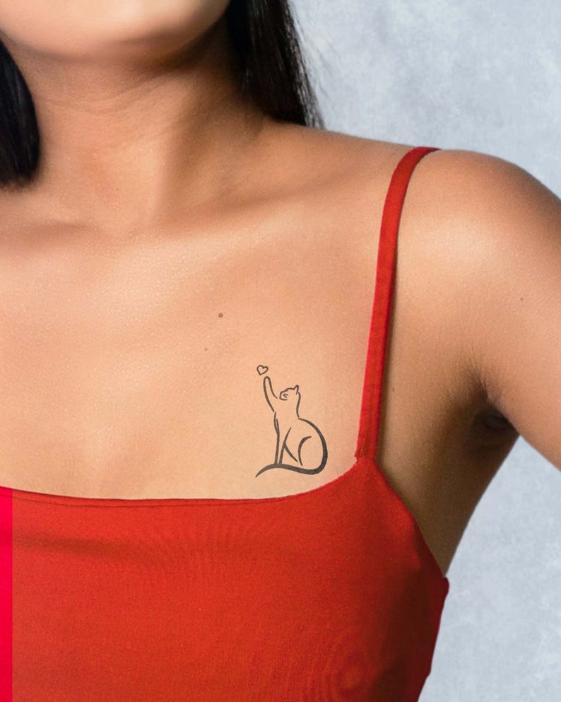 Langdurige tijdelijke tattoo Minimalistische kat Vrouw tattoo Semi-permanente tatoeage JaguaHenna Cadeau-idee voor dames afbeelding 1