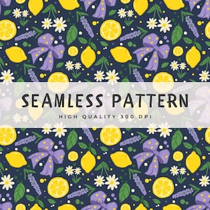 Puede incluir: Patrón sin costuras con limones, margaritas, ramitas de lavanda y lazos morados con lunares amarillos sobre un fondo azul oscuro. El texto "SEAMLESS PATTERN" y "HIGH QUALITY 300 DPI" se muestra en blanco.