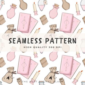 May include: A seamless pattern featuring a variety of pink and brown witchcraft-themed illustrations, including bottles, candles, bags, and books. The pattern is set against a white background and includes the text "SEAMLESS PATTERN HIGH QUALITY 300 DPI THE BEST DIGITAL PLAZA".