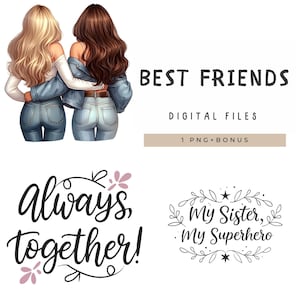 親友のクリップアートセット、ソウルシスターズPNG、BFFガールイラスト、ブルネットとブロンドの友情アート、ロングヘアのガーリークリップアート、デジタルファイル