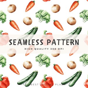 Motif végétal sans couture | Impression de légumes frais de la ferme | Papier numérique pour aliments biologiques | Clipart jardin potager | Art culinaire sain
