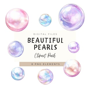 May include: Eight digital clipart images of iridescent pearls in various shades of pink, purple, and blue. The pearls are rendered in a watercolor style and have a soft, dreamy look.  Digital Files Beautiful Pearls Clipart Pack 8 PNG Elements