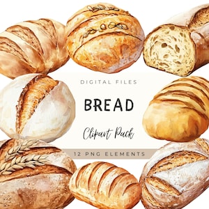 Pacote de clipart de pão em aquarela, pão de padaria PNG, ilustração de pão artesanal rústico, clipart de comida, elementos digitais de padaria, sublimação