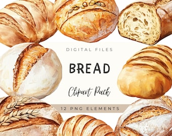 May include: A digital clipart pack of 12 watercolor illustrations of various types of bread. The bread is depicted in a variety of shapes and sizes, including round loaves, long loaves, and rolls. The bread is painted in shades of brown, beige, and white.