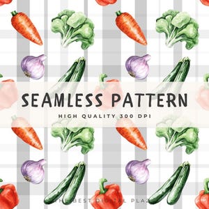 May include: A seamless pattern featuring watercolor illustrations of vegetables on a white and gray gingham background. The pattern includes red bell peppers, carrots, green broccoli, purple onions, and green zucchini.