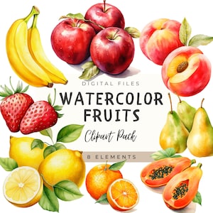 Watercolor Fruit Clipart Set, Exotic Fruits PNG, Summer Citrus Illustrations, Tropical Fruit Graphics, Digital Download