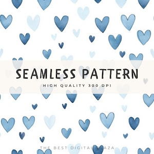 Puede incluir: Diseño de patrón sin costuras con corazones azules de acuarela sobre fondo blanco. El texto "SEAMLESS PATTERN" se muestra, junto con "HIGH QUALITY 300 DPI" y el nombre de la tienda. Los corazones varían en tamaño y tono.