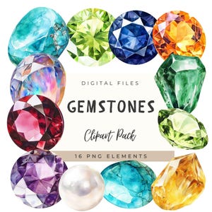 May include: A collection of watercolor gemstones in various shapes and colors, including blue, green, orange, and purple. The image includes the text "GEMSTONES Clipart Pack" and "16 PNG ELEMENTS".
