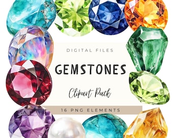 May include: A collection of watercolor gemstones in various shapes and colors, including blue, green, orange, and purple. The image includes the text "GEMSTONES Clipart Pack" and "16 PNG ELEMENTS".
