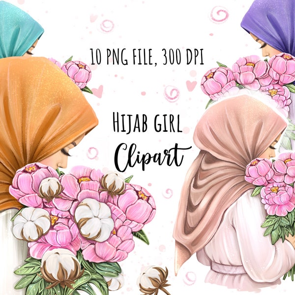 Islamic Art, Fashion Clipart, Hijab Girl Png, Muslim Clip Art, Fashion Girl Spring Clipart, Peony, Summer Digital Print, Instant Download