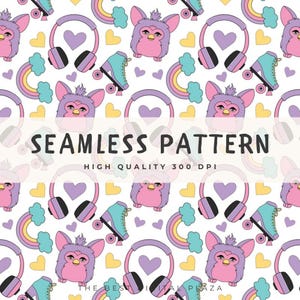 May include: Seamless pattern featuring repeating illustrations of a purple and pink Furby-like creature, headphones with heart accents, roller skates, rainbows, and yellow hearts on a white background. The text "SEAMLESS PATTERN" is displayed.