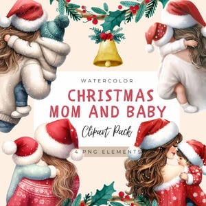 Clipart de mamá y bebé navideños, lindo diseño PNG familiar, clip art de niña en invierno, gráfico de mamá y niño en vacaciones, descarga digital