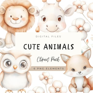 Cute Baby Animals Clipart Bundle | Watercolor Safari Zoo Animals | Lion, Giraffe, Fox, Owl, Nursery Woodland Forest PNG | Digital Files