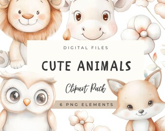 Watercolor Baby Animals Clipart: Safari Nursery Art (Digital Files, PNG Bundle)