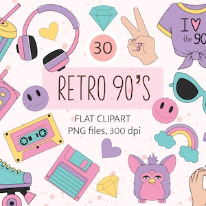 Pode incluir: Um conjunto de ilustrações de clipart com tema dos anos 90, incluindo uma fita cassete, um disquete, um arco-íris, um coração, óculos de sol, um brinquedo peludo, um patins, um telemóvel, uma chávena, auscultadores, um sinal de paz, um diamante, uma t-shirt com o texto "I ♥ the 90's" e duas caras sorridentes.