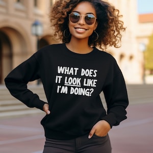 May include: Black sweatshirt with white text that reads "What does it look like I'm doing?"
