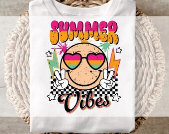 DTF Transfers, Ready to Press, T-shirt Transfers, Heat Transfer, Direct to Film, Summer Vibes Smiley Face transfer