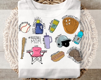 Transferencia DTF, lista para imprimir, transferencias de camisetas, transferencia de calor, directo a película, equipo de garabatos Baseball Mom