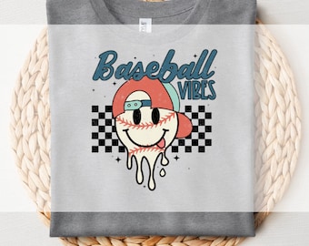 Transferencia DTF, lista para imprimir, transferencias para camisetas, transferencia térmica, directa a película, cara sonriente con vibraciones de béisbol DTF