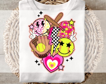 Transferencia DTF, lista para imprimir, transferencias para camisetas, transferencia térmica, directo a película, transferencia DTF para sóftbol, sóftbol neón retro directo a película